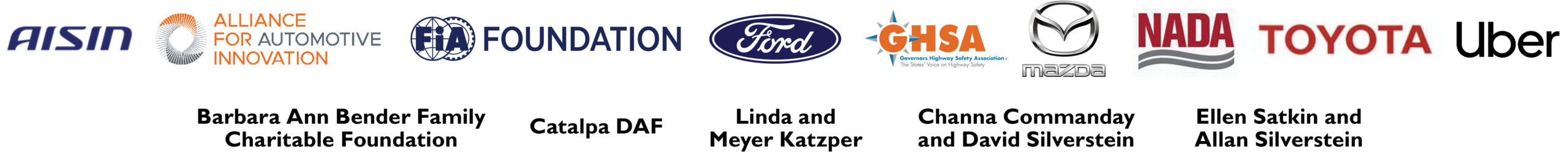 Thank you, Uber, Barbara Ann Bender, Ford, AISIN, NADA, Ellen Satkin and Allan Silverstein, Toyota, Alliance for Automotive Innovation, Linda and Meyer Katzper Catalpha DAF, Mazda, FIA Foundation, GHSA, 